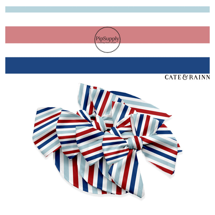 These patriotic themed no sew bow strips can be easily tied and attached to a clip for a finished hair bow. These patterned bow strips are great for personal use or to sell. These bow strips features red, cream, light blue, and dark blue stripes. 