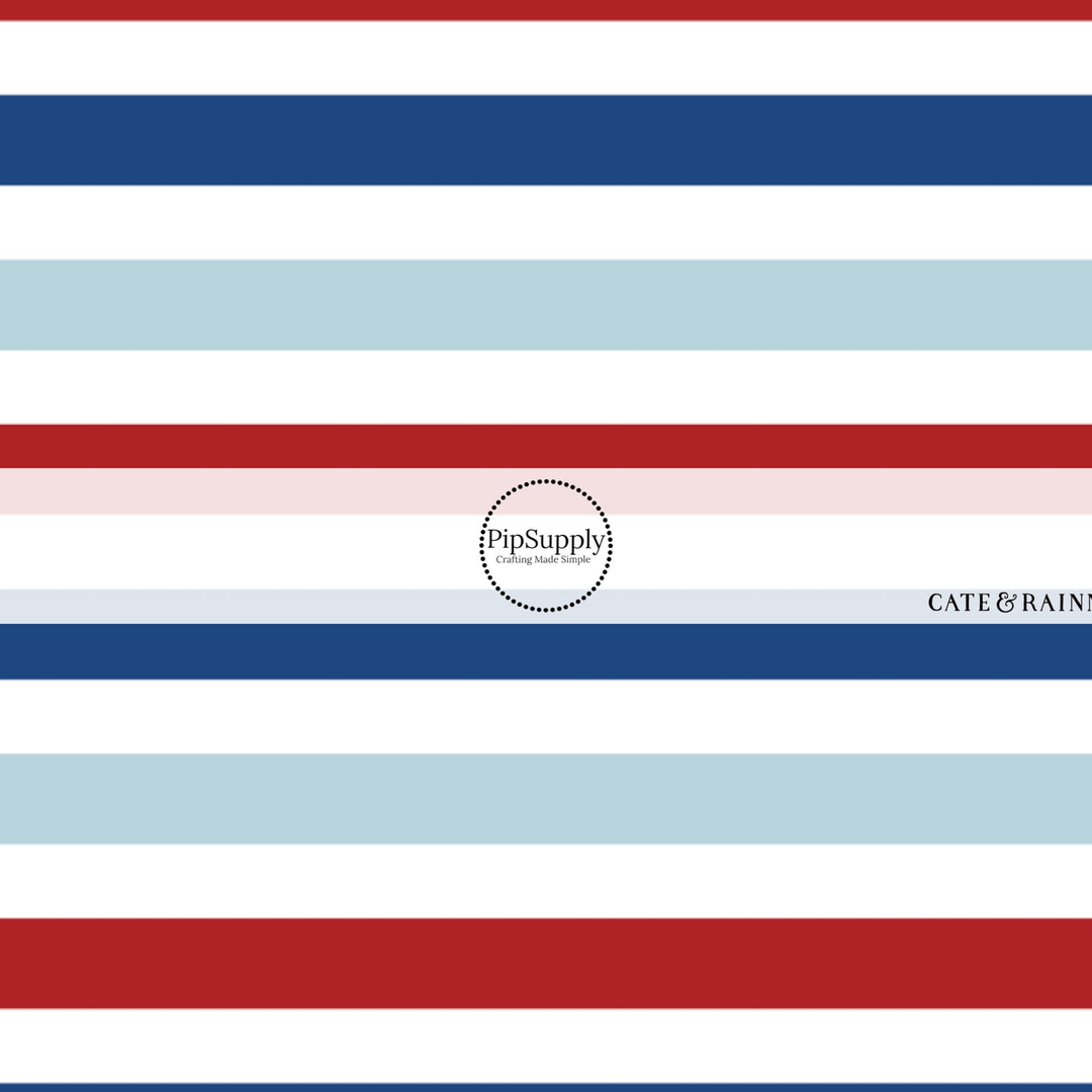 These patriotic themed no sew bow strips can be easily tied and attached to a clip for a finished hair bow. These patterned bow strips are great for personal use or to sell. These bow strips features red, cream, light blue, and dark blue stripes. 