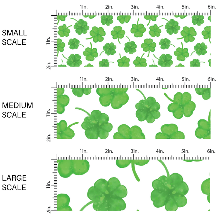 Green Scattered Clovers on White Fabric by the Yard scaled image guide.