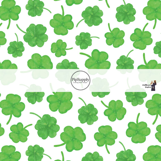 Green Scattered Clovers on White Fabric by the Yard