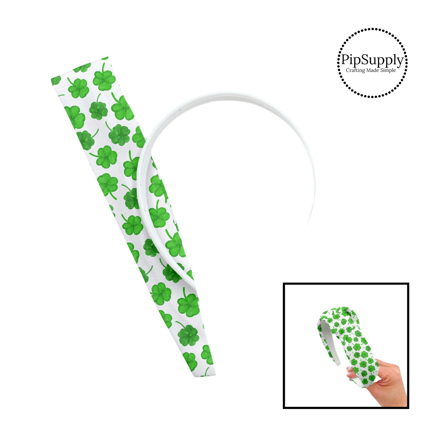 These patterned headband kits are easy to assemble and come with everything you need to make your own knotted headband. These St. Patrick's Day kits include a custom printed and sewn fabric strip and a coordinating velvet headband. This cute pattern features green shamrocks on white.