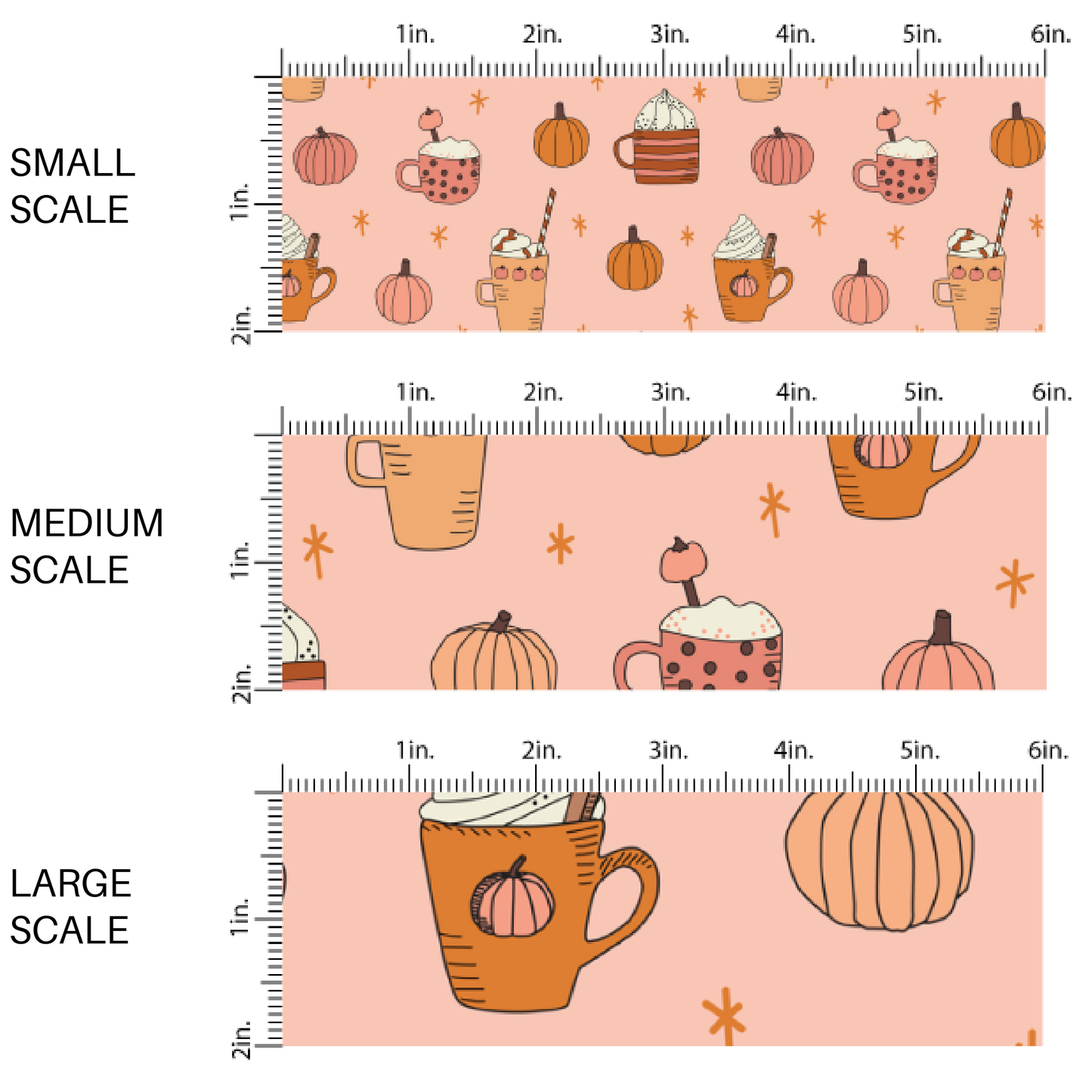 This scale chart of small scale, medium scale, and large scale of these fall pumpkin themed cream fabric by the yard features pumpkin spice cups surrounded by pumpkins. This fun fall themed fabric can be used for all your sewing and crafting needs! 