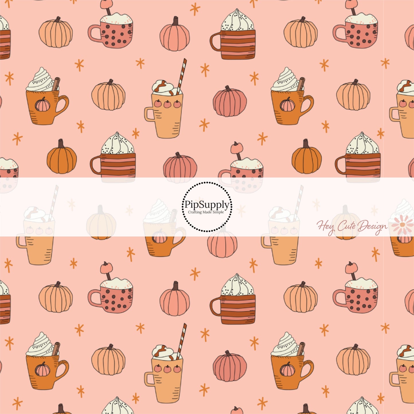 These fall pumpkin themed cream fabric by the yard features pumpkin spice cups surrounded by pumpkins. This fun fall themed fabric can be used for all your sewing and crafting needs! 