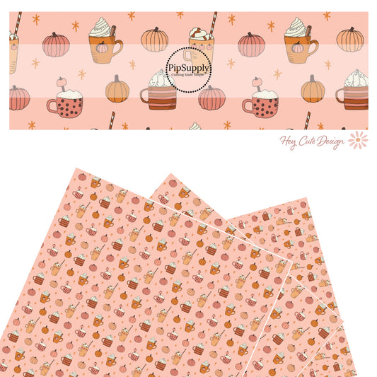 These fall pumpkin themed pink faux leather sheets contain the following design elements: pumpkin spice cups surrounded pumpkins. Our CPSIA compliant faux leather sheets or rolls can be used for all types of crafting projects.