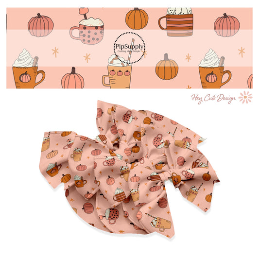 These fall pumpkin themed no sew bow strips can be easily tied and attached to a clip for a finished hair bow. These fun fall bow strips are great for personal use or to sell. The bow strips features pumpkin spice cups surrounded by pumpkins.