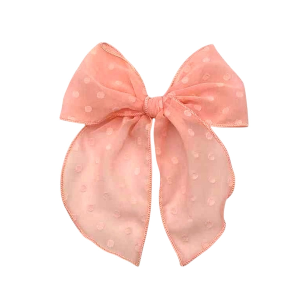 Peachy Pink Dotted Sheer Hair Tied Bow w/ Clip