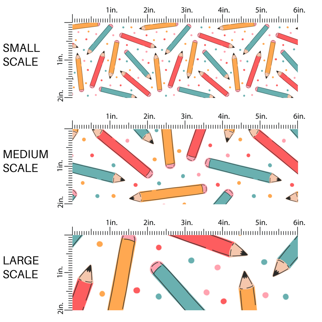 White fabric by the yard scaled image guide with red, yellow, and blue pencils and polka dots.