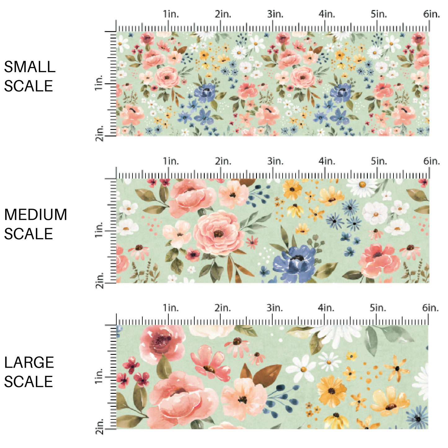 This scale chart of small scale, medium scale, and large scale of these flower pattern themed fabric by the yard features pink and blue flower bunches on light green. This fun floral fabric can be used for all your sewing and crafting needs!