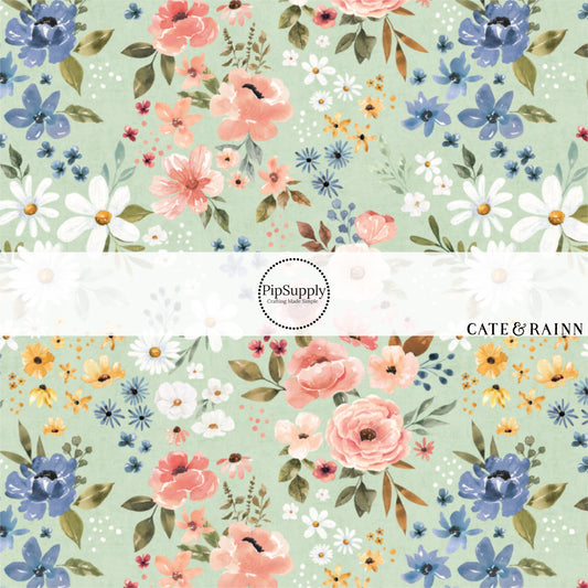 These flower pattern themed fabric by the yard features pink and blue flower bunches on light green. This fun floral fabric can be used for all your sewing and crafting needs!