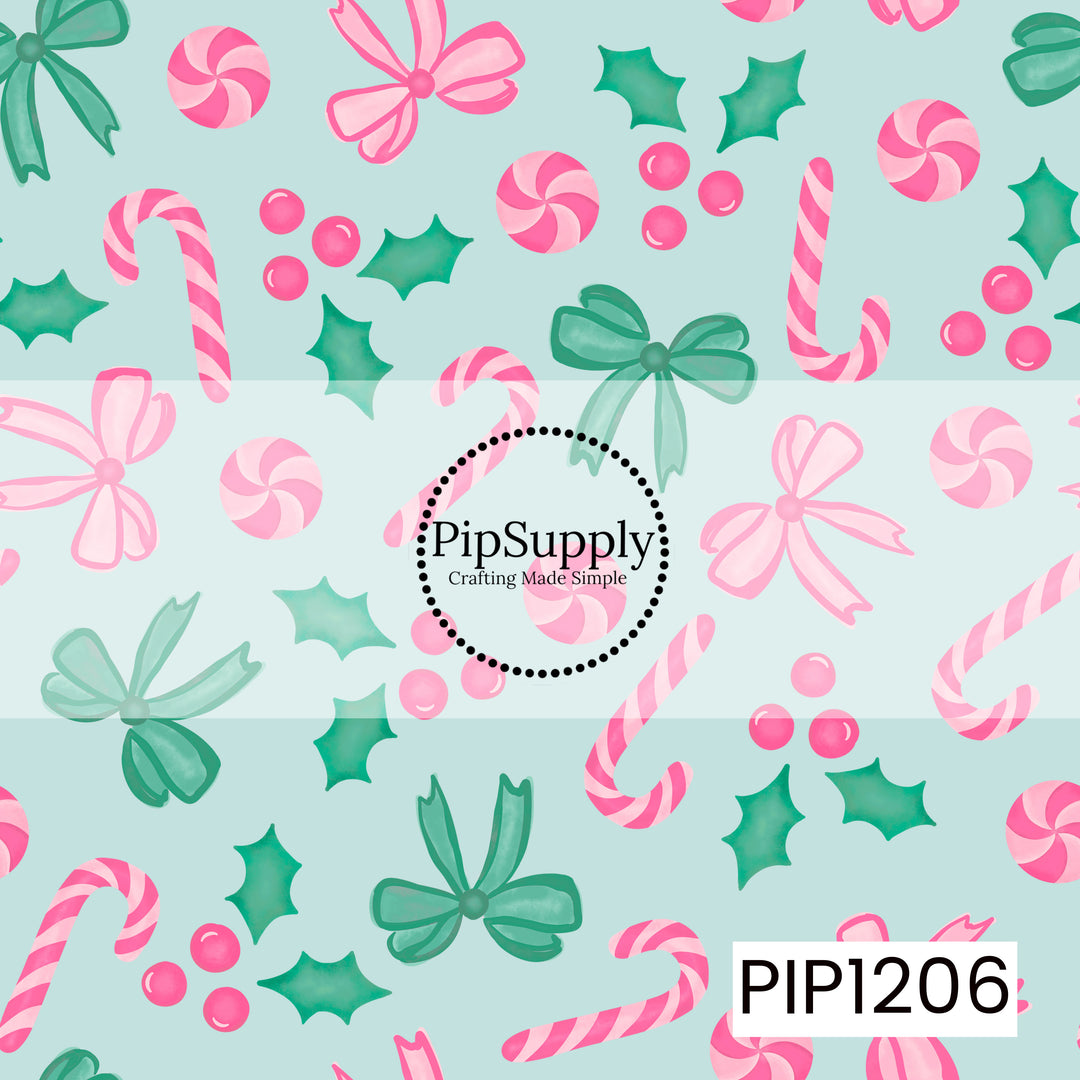 A playful Christmas pattern featuring pink striped candy canes, peppermint candies, bright pink berries, green holly leaves, and whimsical bows scattered across a soft light blue background.
