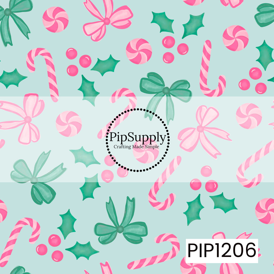 A playful Christmas pattern featuring pink striped candy canes, peppermint candies, bright pink berries, green holly leaves, and whimsical bows scattered across a soft light blue background.
