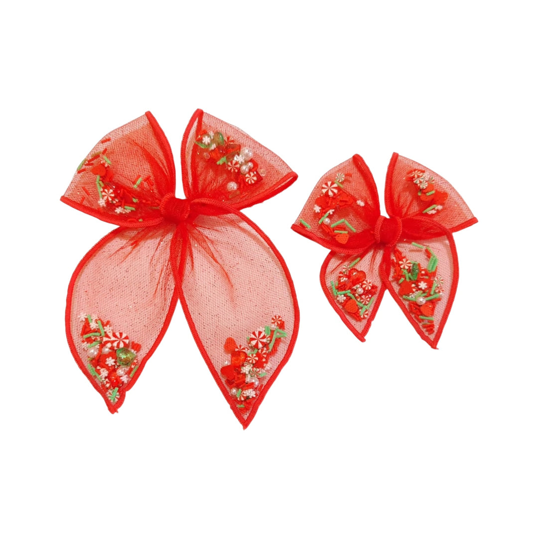 Peppermint Path RED Tulle Shaker Hair Tied Bow w/ Clip