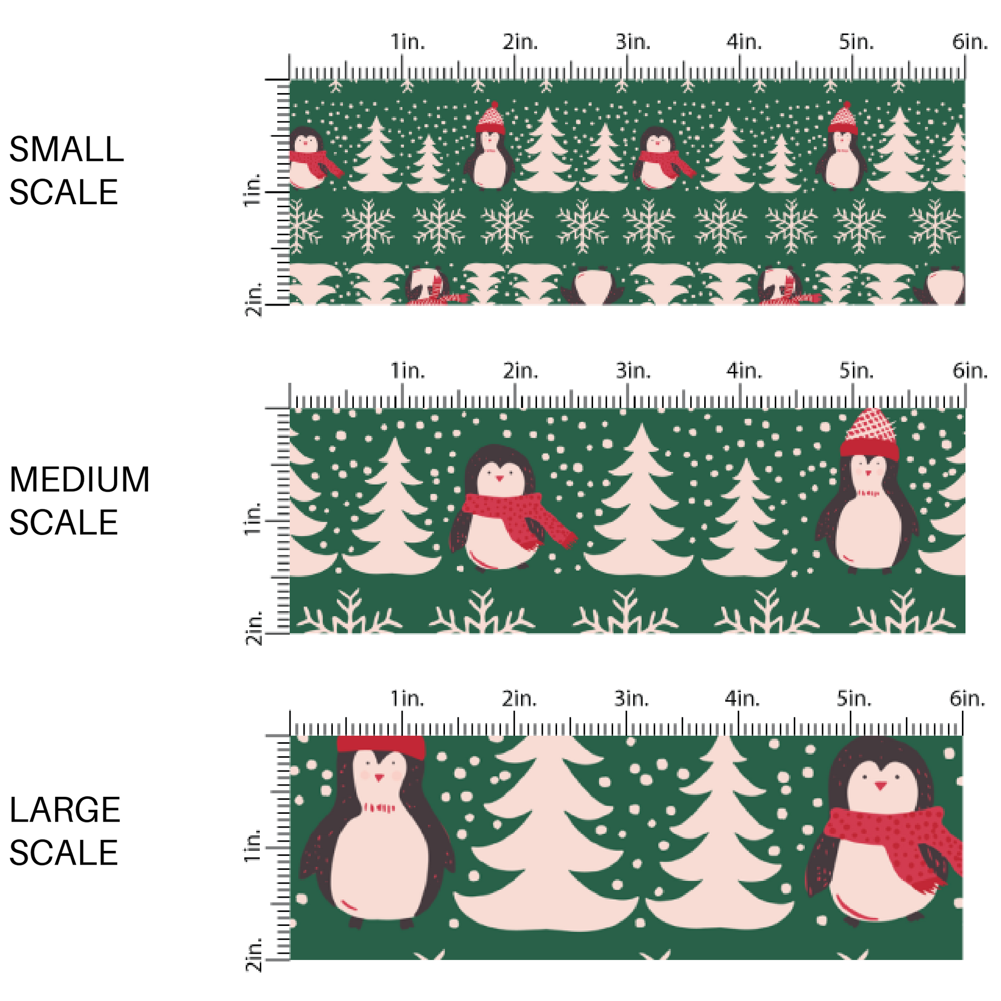 This scale chart of small scale, medium scale, and large scale of these holiday pattern themed fabric by the yard features penguins with scarves and hats surrounded by pine trees and snowflakes on green. This fun Christmas fabric can be used for all your sewing and crafting needs!