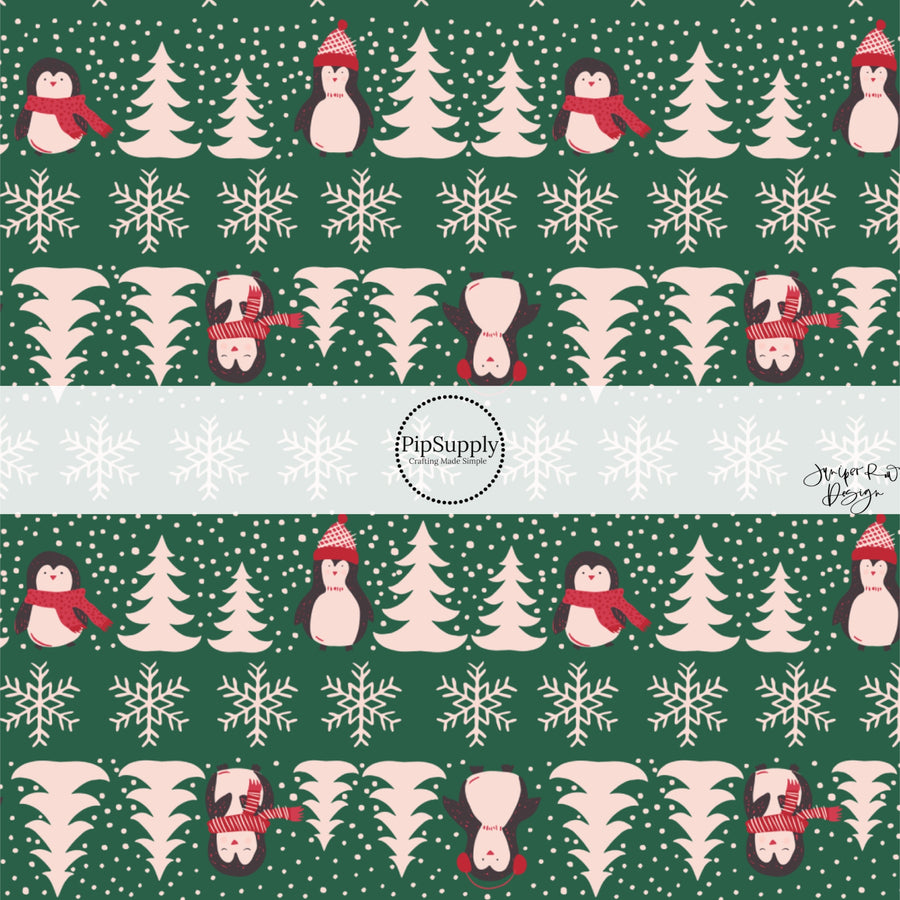 These holiday pattern themed fabric by the yard features penguins with scarves and hats surrounded by pine trees and snowflakes on green. This fun Christmas fabric can be used for all your sewing and crafting needs!