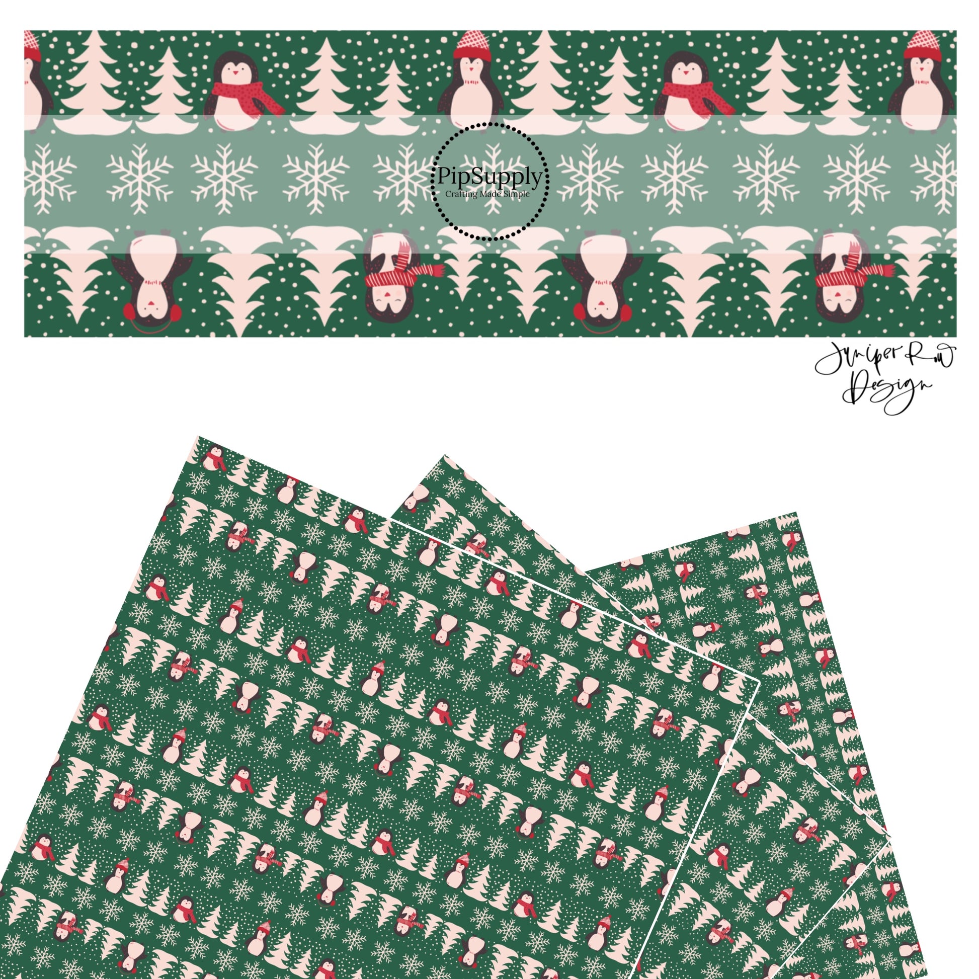 These holiday themed faux leather sheets contain the following design elements: penguins with scarves and hats surrounded by pine trees and snow flakes on green. Our CPSIA compliant faux leather sheets or rolls can be used for all types of crafting projects.