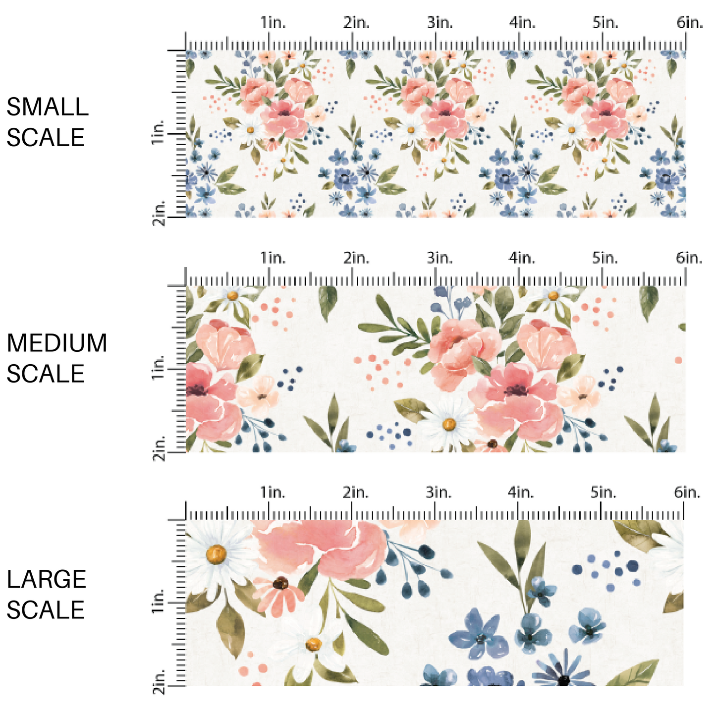 This scale chart of small scale, medium scale, and large scale of these flower pattern themed fabric by the yard features pink and blue flower bunches on ivory. This fun floral fabric can be used for all your sewing and crafting needs!
