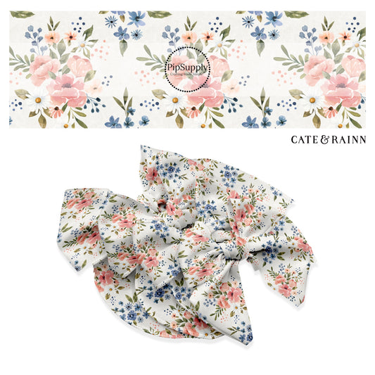 These flower pattern themed no sew bow strips can be easily tied and attached to a clip for a finished hair bow. These floral bow strips are great for personal use or to sell. The bow strips features pink and blue flower bunches on ivory. 