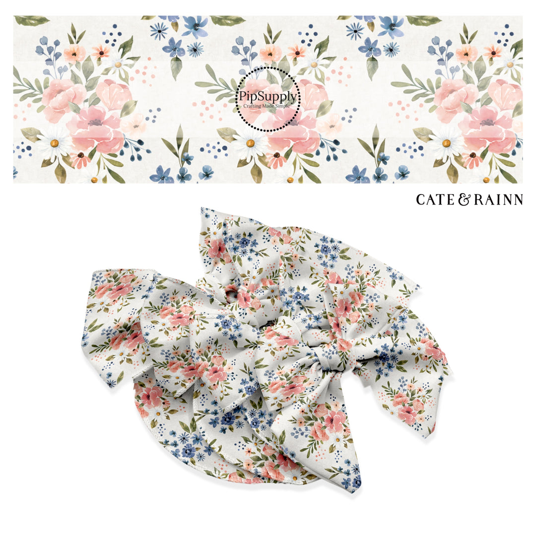 These flower pattern themed no sew bow strips can be easily tied and attached to a clip for a finished hair bow. These floral bow strips are great for personal use or to sell. The bow strips features pink and blue flower bunches on ivory. 