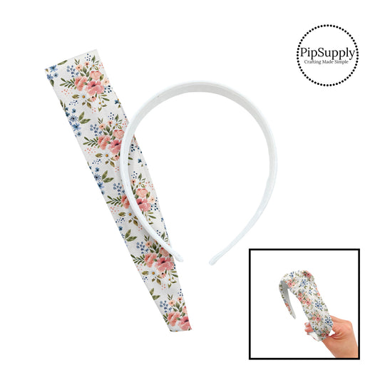 These flower pattern themed headband kits are easy to assemble and come with everything you need to make your own knotted headband. These fun pattern kits include a custom printed and sewn fabric strip and a coordinating velvet headband. The headband kits feature pink and blue flower bunches on ivory. 
