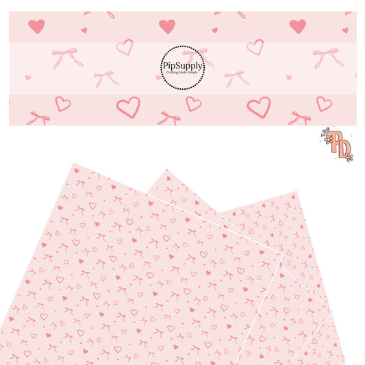 These Valentine's pattern themed faux leather sheets contain the following design elements: pink hearts and bows on light pink. Our CPSIA compliant faux leather sheets or rolls can be used for all types of crafting projects.