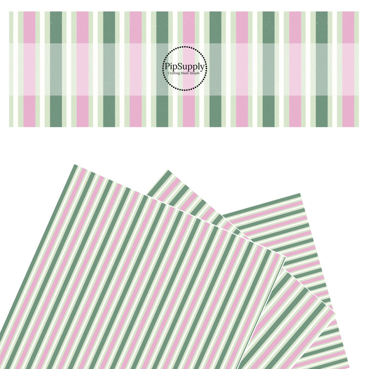 These St. Patrick's Day pattern themed faux leather sheets contain the following design elements: pink, cream, light green, and dark green stripes. Our CPSIA compliant faux leather sheets or rolls can be used for all types of crafting projects.