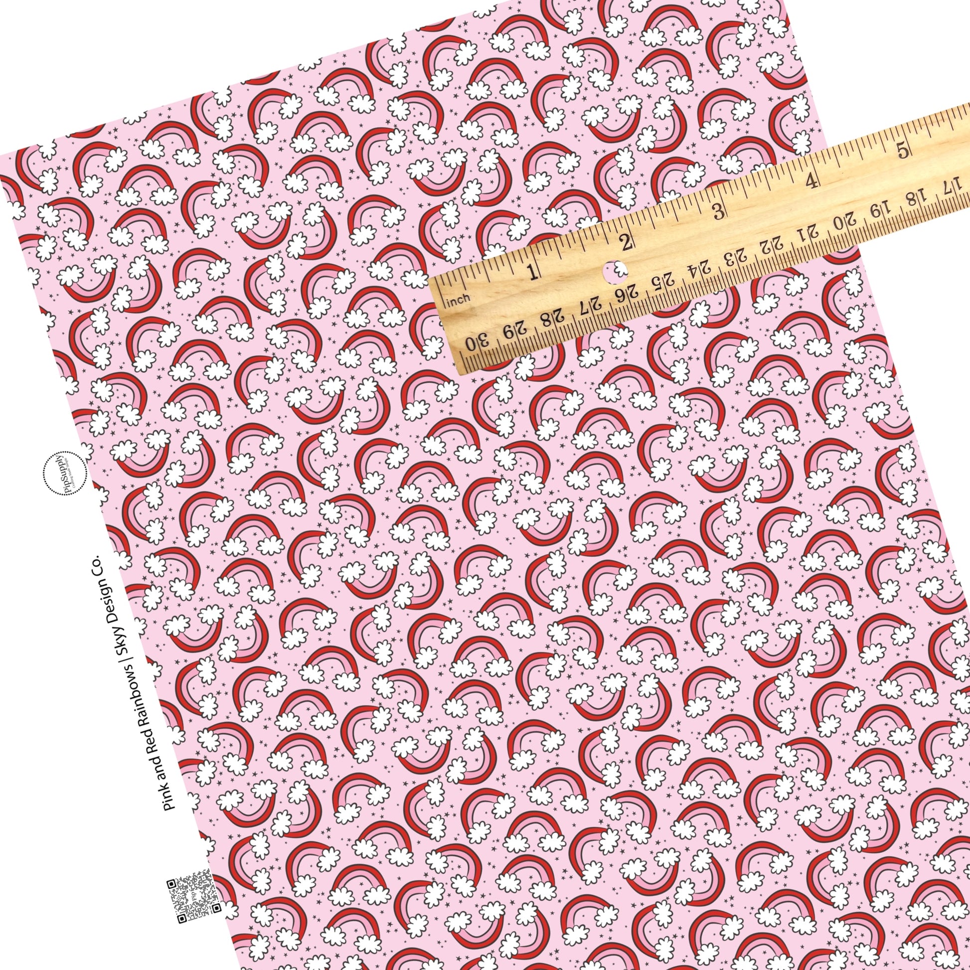These Valentine's pattern themed faux leather sheets contain the following design elements: red and pink rainbows with white clouds on light pink. Our CPSIA compliant faux leather sheets or rolls can be used for all types of crafting projects.