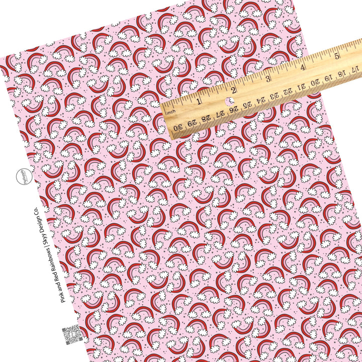 These Valentine's pattern themed faux leather sheets contain the following design elements: red and pink rainbows with white clouds on light pink. Our CPSIA compliant faux leather sheets or rolls can be used for all types of crafting projects.