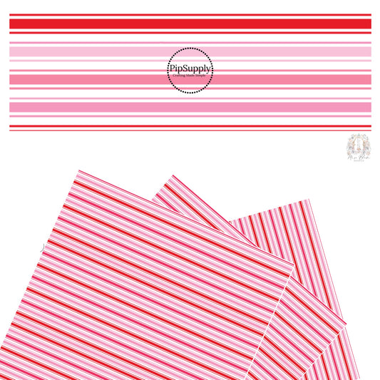 These Valentine's pattern themed faux leather sheets contain the following design elements: rows of red and pink strips on white. Our CPSIA compliant faux leather sheets or rolls can be used for all types of crafting projects.