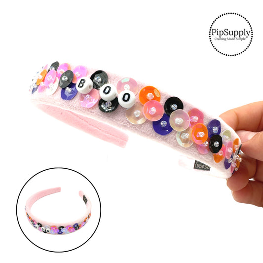 These Halloween "BOO" beads and colorful sequin headbands are a stylish hair accessory. Made with high quality fabric these Halloween themed headbands are a fashionable answer to keeping your hair back!