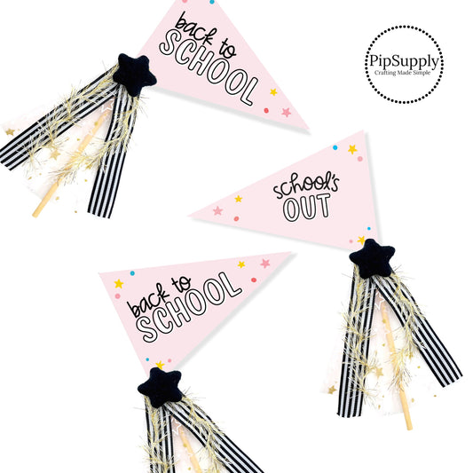 Pink back to school flag pennants on a dowel stick with tulle and ribbon and tiny black felt star