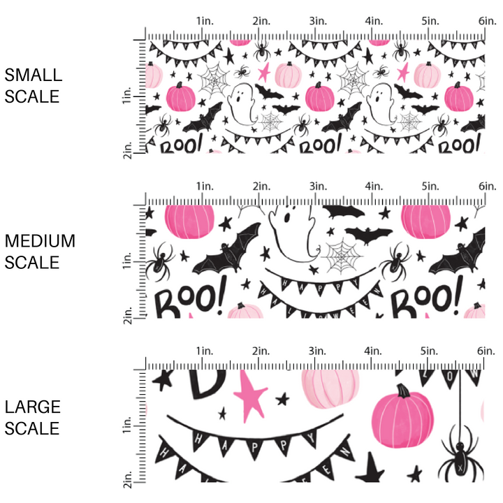 White fabric by the yard  scaled image guide with pink pumpkins, spiderwebs, bats, spiders, and other Halloween decorations.