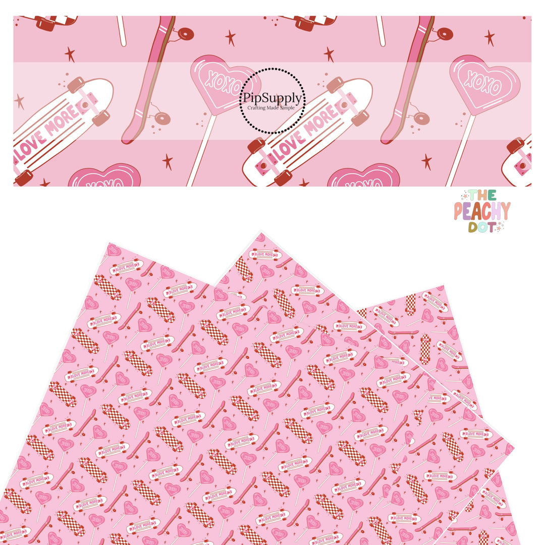 These Valentine's Day themed faux leather sheets contain the following design elements: candy and skateboards on pink. Our CPSIA compliant faux leather sheets or rolls can be used for all types of crafting projects.