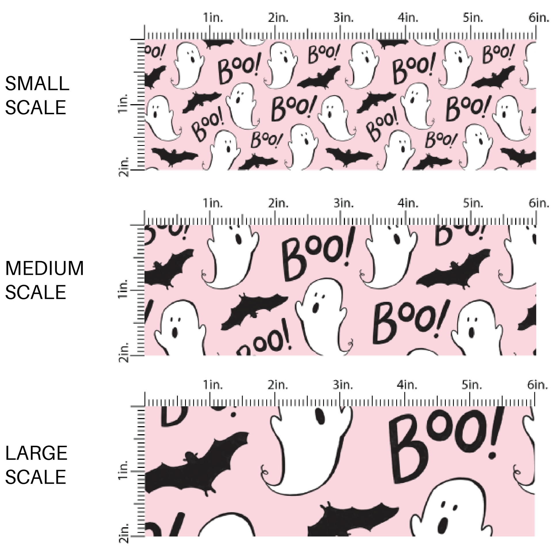 Light pink fabric by the yard scaled image guide with "Boo!", Ghosts, and Bats.