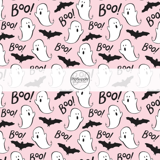 Light pink fabric by the yard with "Boo!", Ghosts, and Bats.