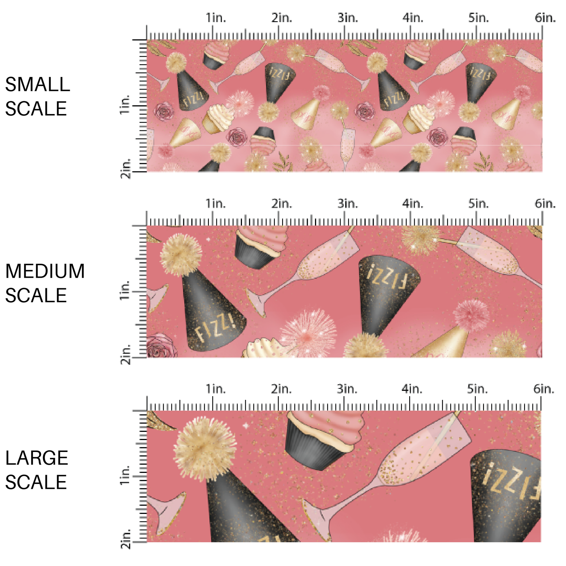 Pink fabric by the yard scaled image guide with cupcakes, party hats, and champagne.
