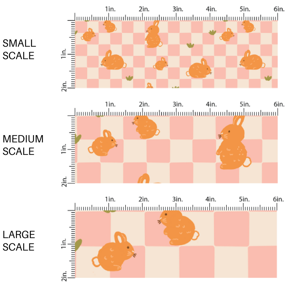 Brown Bunnies and Carrots on Pink and Cream Checkered Fabric by the Yard scaled image guide.