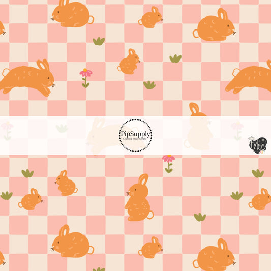 Brown Bunnies and Carrots on Pink and Cream Checkered Fabric by the Yard