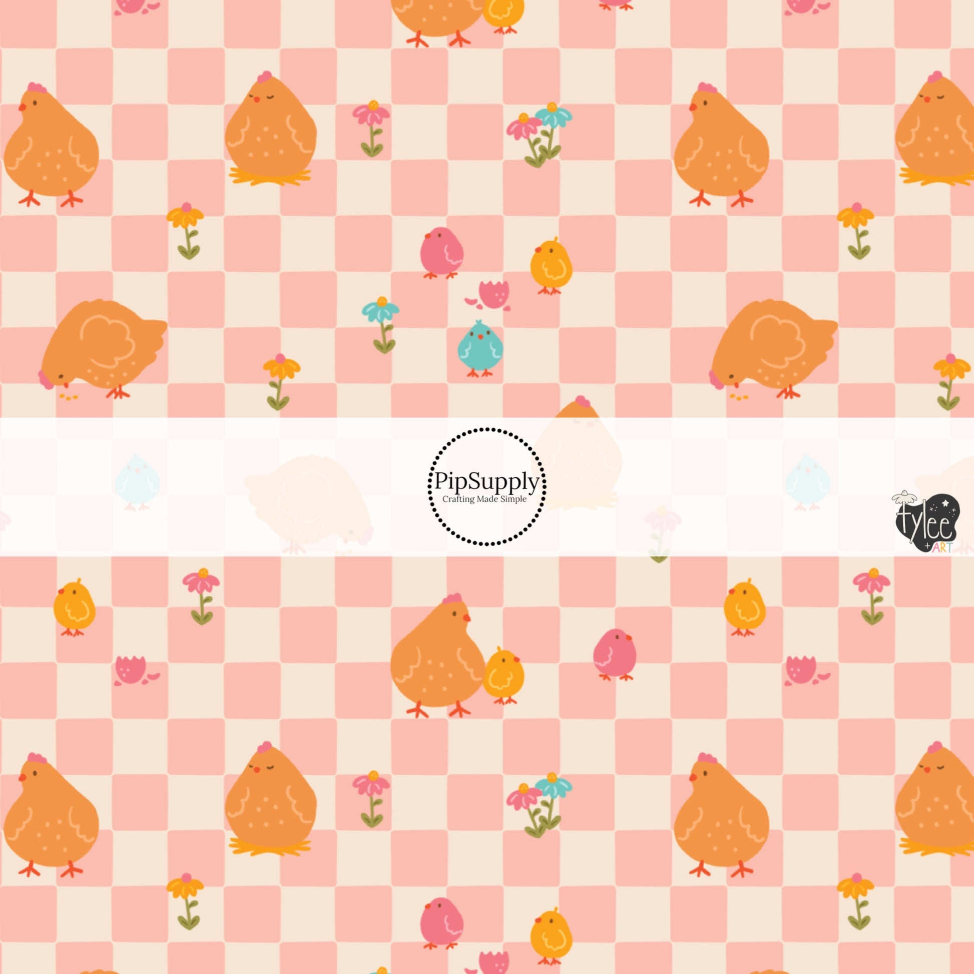 Chicks and Florals on Pink and Cream Checkered Fabric by the Yard.