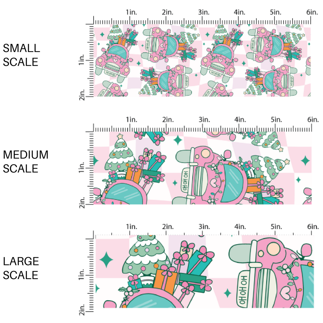 Pink and white checker print fabric by the yard scaled image guide with pink Christmas tree trucks.