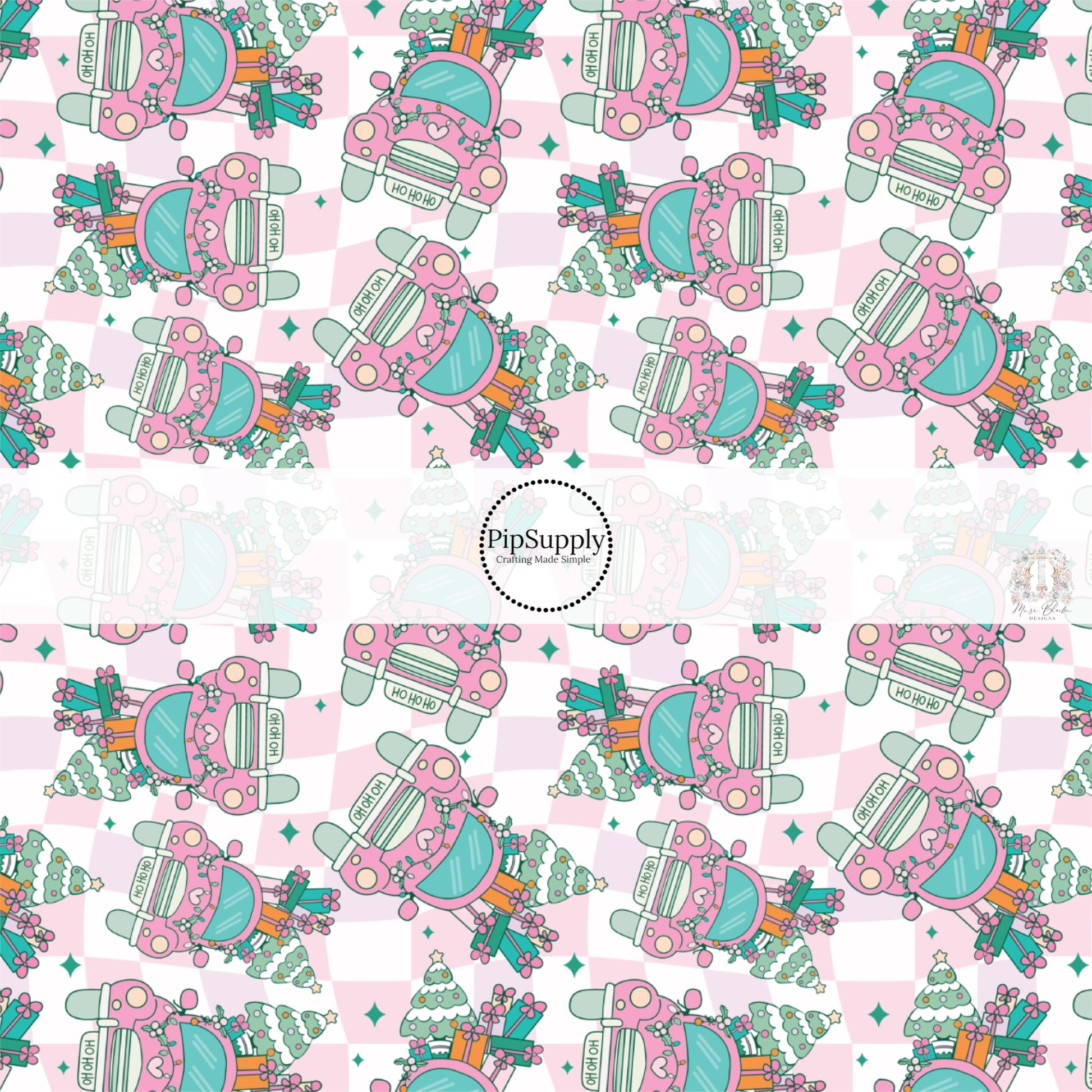 Pink and white checker print fabric by the yard with pink Christmas tree trucks.