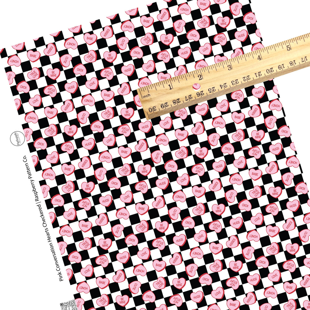 These Valentine's checker pattern themed faux leather sheets contain the following design elements: pink conversation hearts on white and black checker pattern. Our CPSIA compliant faux leather sheets or rolls can be used for all types of crafting projects.