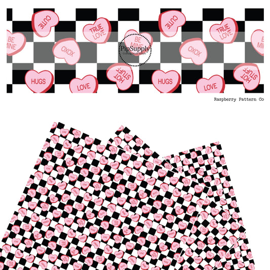 These Valentine's checker pattern themed faux leather sheets contain the following design elements: pink conversation hearts on white and black checker pattern. Our CPSIA compliant faux leather sheets or rolls can be used for all types of crafting projects.