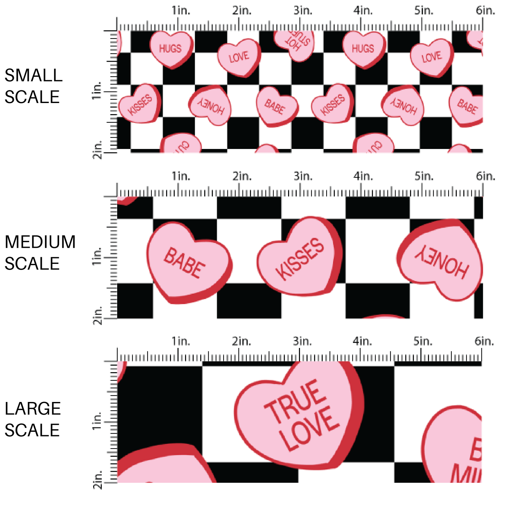 Pink Conversation Heart Candies on Black and White Checkered Fabric by the Yard scaled image guide.