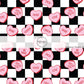Pink Conversation Heart Candies on Black and White Checkered Fabric by the Yard.