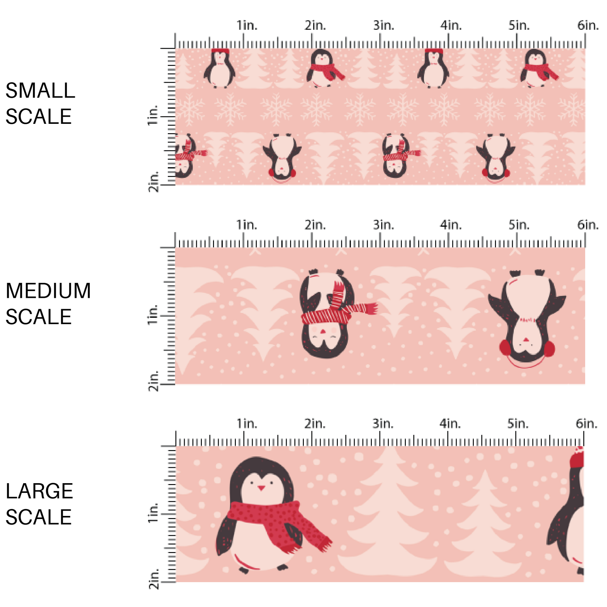 This scale chart of small scale, medium scale, and large scale of these holiday pattern themed fabric by the yard features penguins with scarves and hats surrounded by pine trees and snowflakes on pink. This fun Christmas fabric can be used for all your sewing and crafting needs!