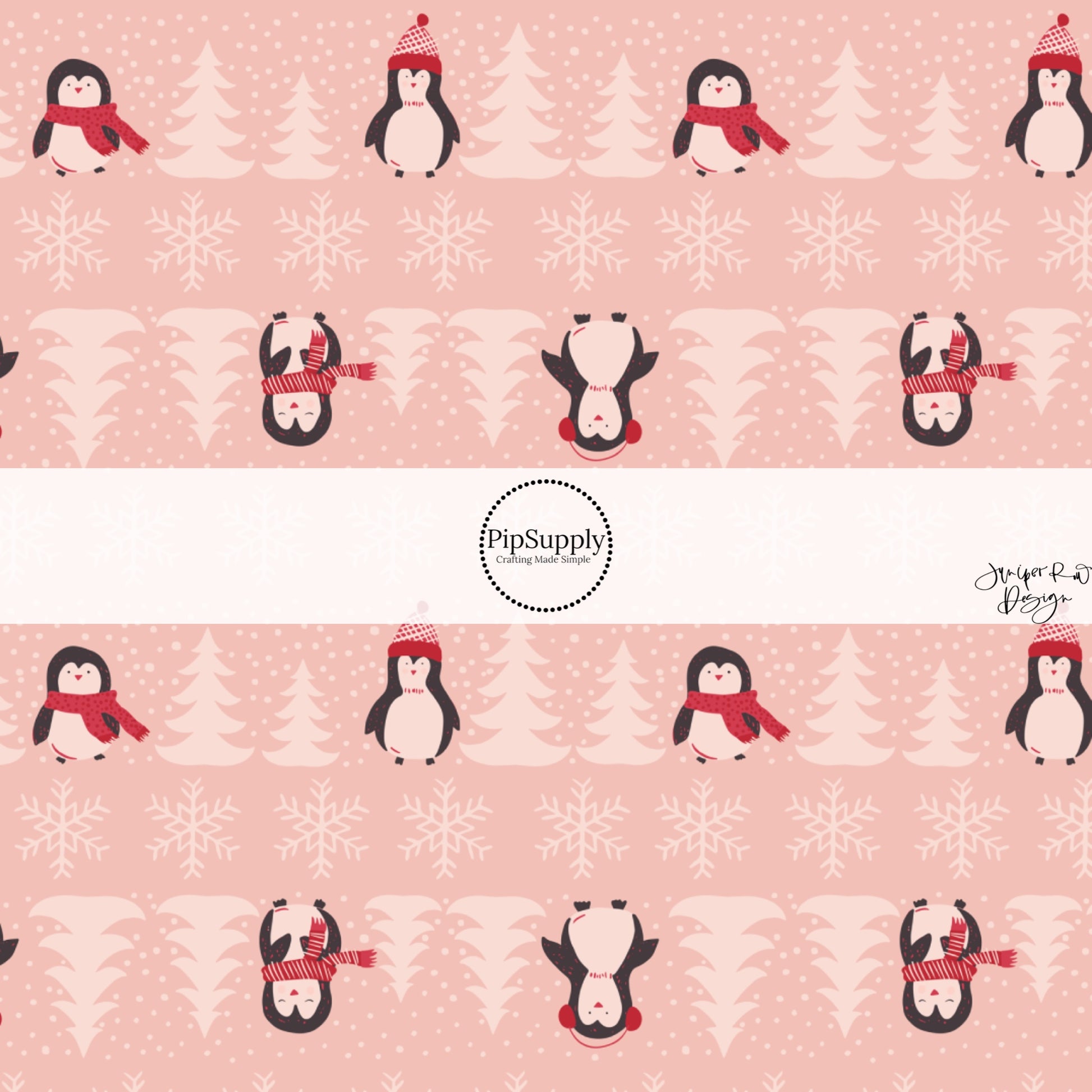 These holiday pattern themed fabric by the yard features penguins with scarves and hats surrounded by pine trees and snowflakes on pink. This fun Christmas fabric can be used for all your sewing and crafting needs!