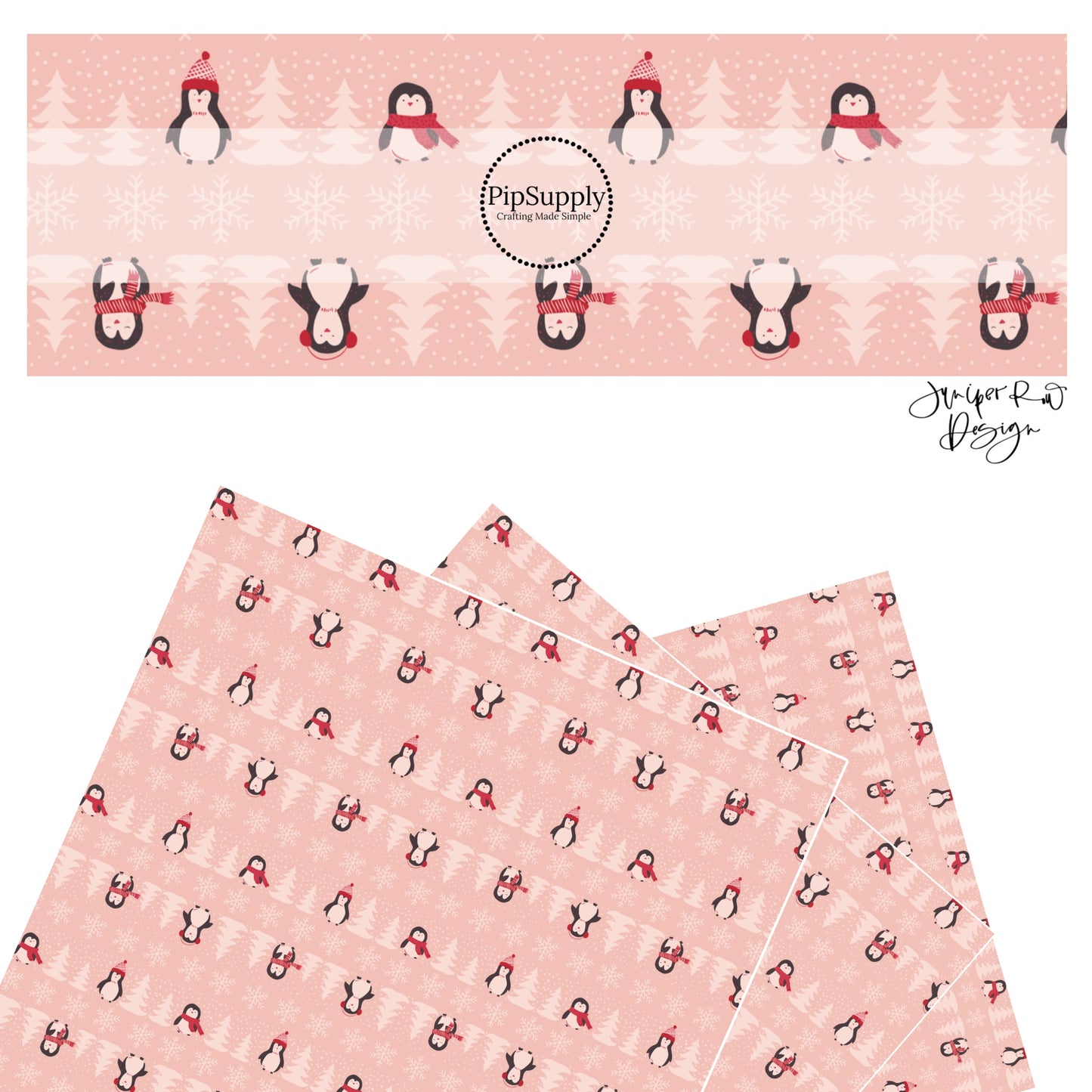 These holiday themed faux leather sheets contain the following design elements: penguins with scarves and hats surrounded by pine trees and snowflakes on pink. Our CPSIA compliant faux leather sheets or rolls can be used for all types of crafting projects.