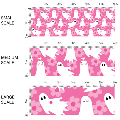 This scale chart of small scale, medium scale, and large scale of these Halloween themed pink fabric by the yard features white ghosts surrounded by light pink daisies on pink. This fun spooky themed fabric can be used for all your sewing and crafting needs! 