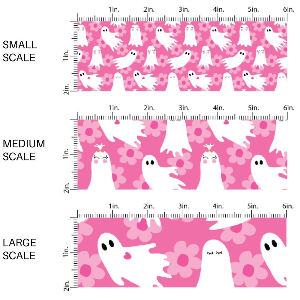 This scale chart of small scale, medium scale, and large scale of these Halloween themed pink fabric by the yard features white ghosts surrounded by light pink daisies on pink. This fun spooky themed fabric can be used for all your sewing and crafting needs! 