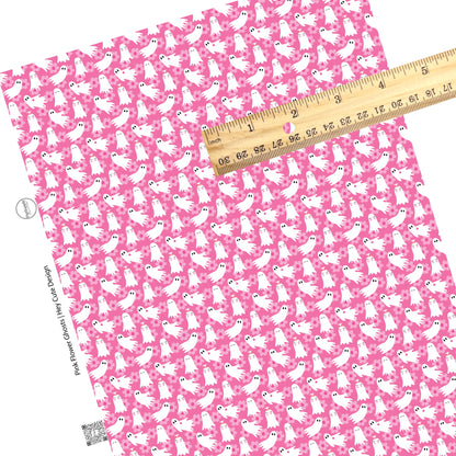 These Halloween themed pink faux leather sheets contain the following design elements: white ghosts surrounded by light pink daisies on pink. Our CPSIA compliant faux leather sheets or rolls can be used for all types of crafting projects.